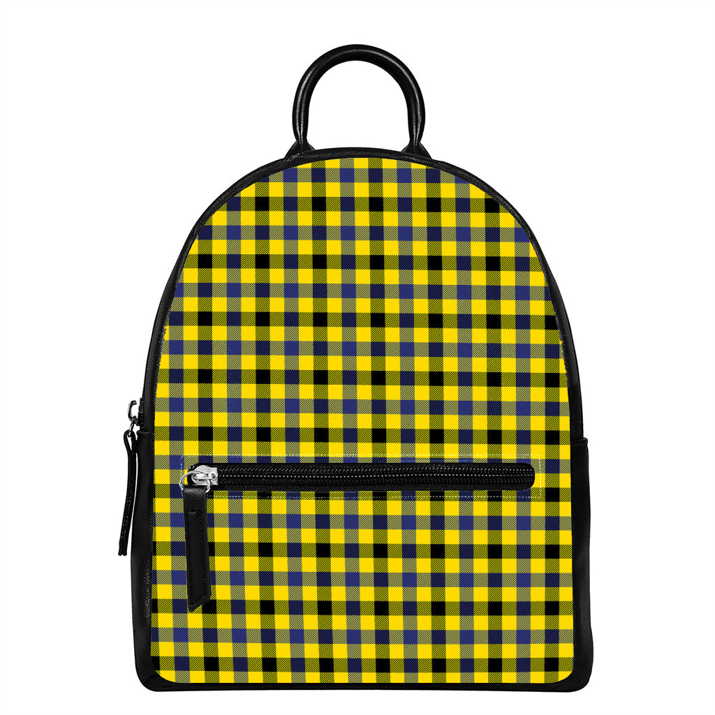 Yellow Black And Navy Plaid Print Leather Backpack
