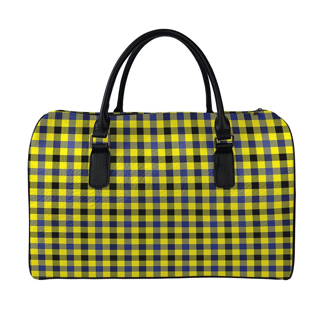 Yellow Black And Navy Plaid Print Leather Duffle Bag