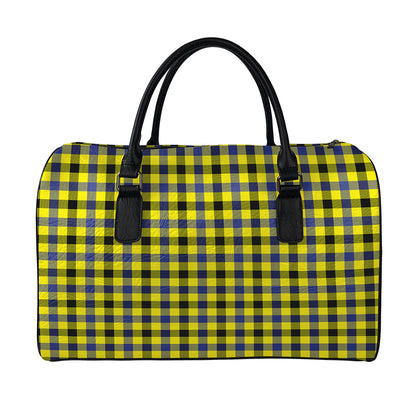 Yellow Black And Navy Plaid Print Leather Duffle Bag