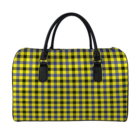 Yellow Black And Navy Plaid Print Leather Duffle Bag