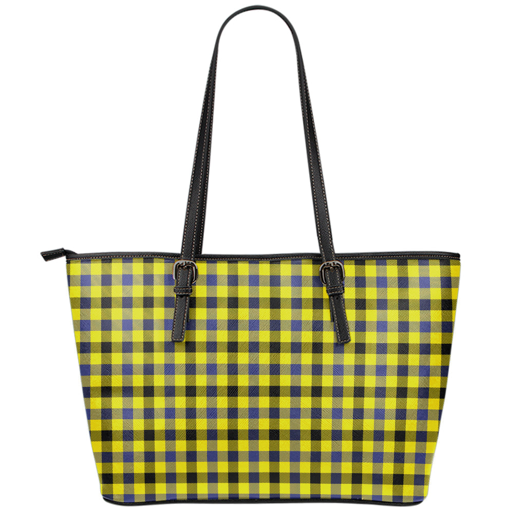Yellow Black And Navy Plaid Print Leather Tote Bag