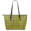 Yellow Black And Navy Plaid Print Leather Tote Bag
