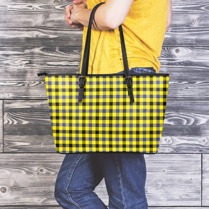 Yellow Black And Navy Plaid Print Leather Tote Bag