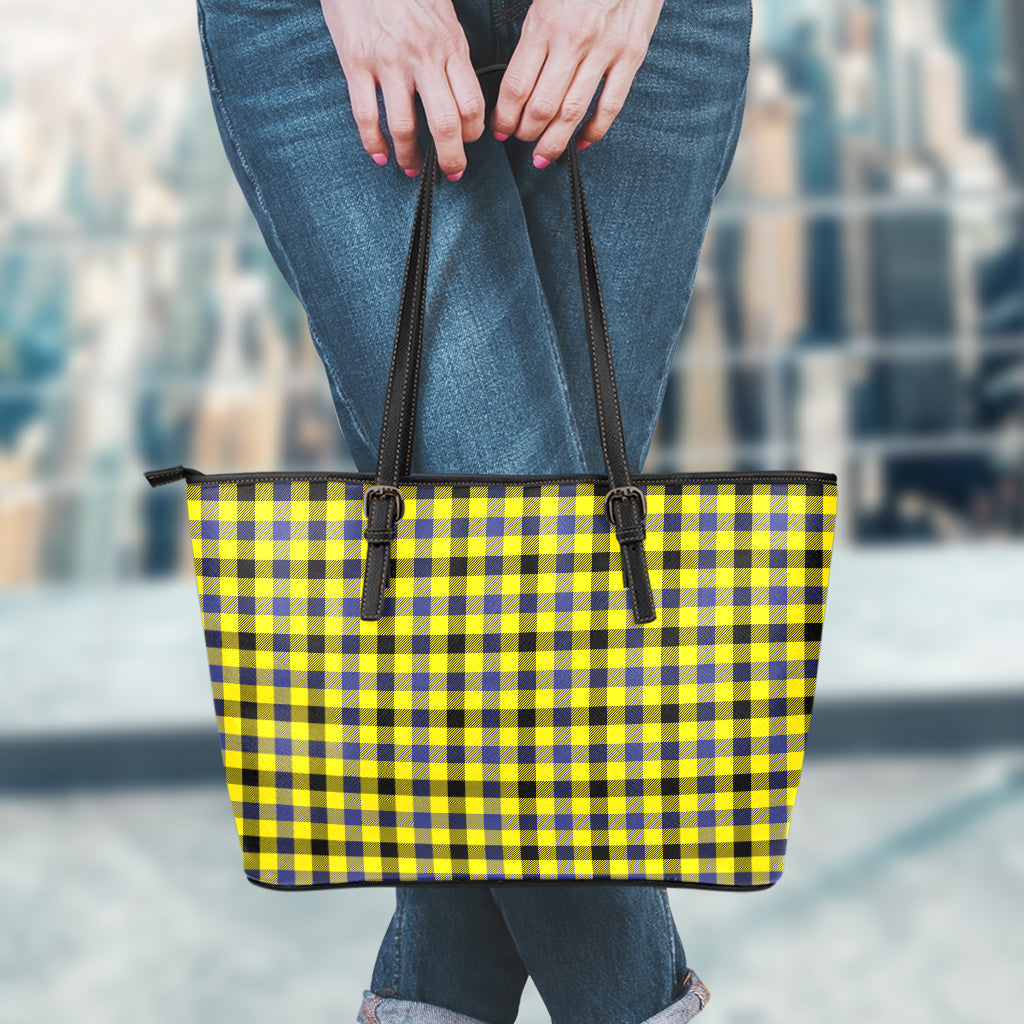 Yellow Black And Navy Plaid Print Leather Tote Bag