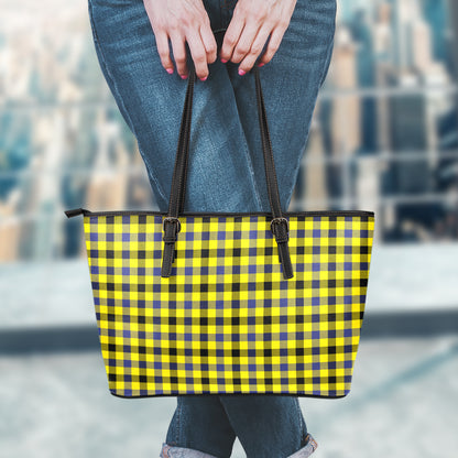 Yellow Black And Navy Plaid Print Leather Tote Bag