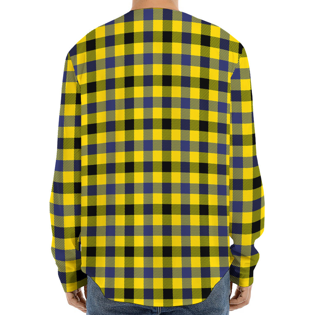 Yellow Black And Navy Plaid Print Long Sleeve Baseball Jersey