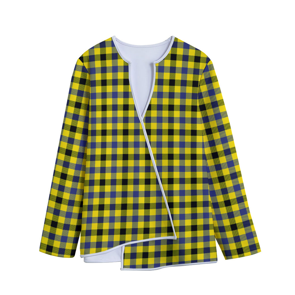 Yellow Black And Navy Plaid Print Long Sleeve Short Coat