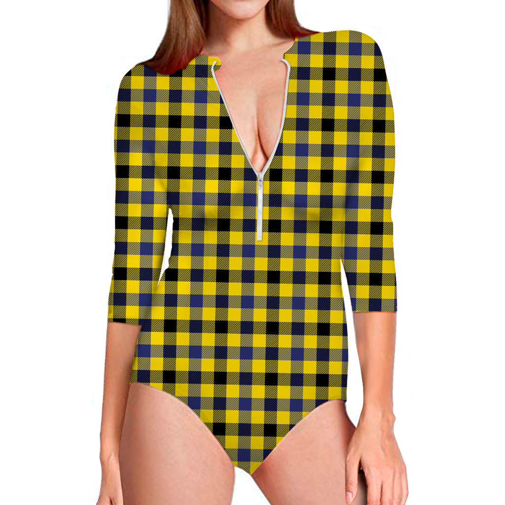 Yellow Black And Navy Plaid Print Long Sleeve Swimsuit