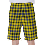 Yellow Black And Navy Plaid Print Men's Beach Shorts
