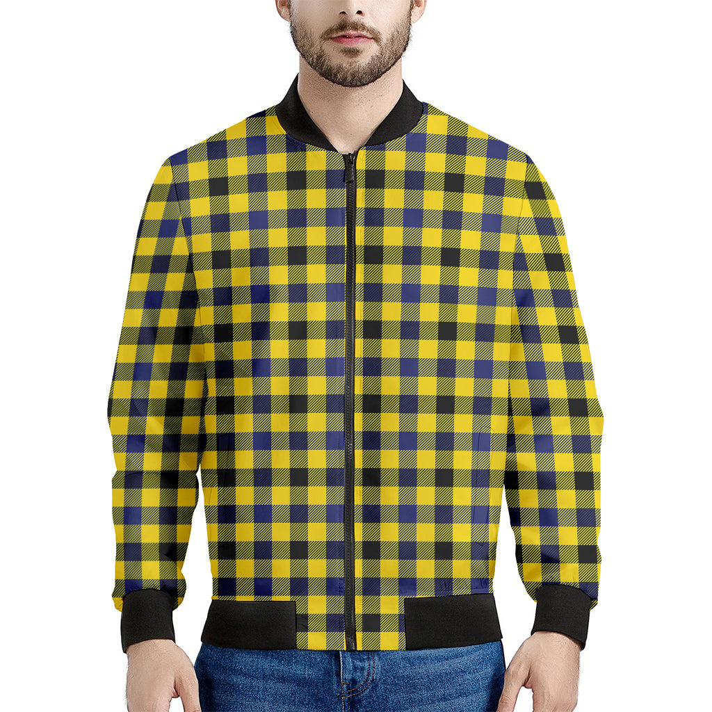 Yellow Black And Navy Plaid Print Men's Bomber Jacket