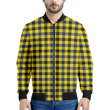 Yellow Black And Navy Plaid Print Men's Bomber Jacket
