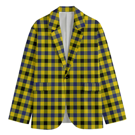 Yellow Black And Navy Plaid Print Men's Cotton Blazer