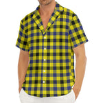 Yellow Black And Navy Plaid Print Men's Deep V-Neck Shirt