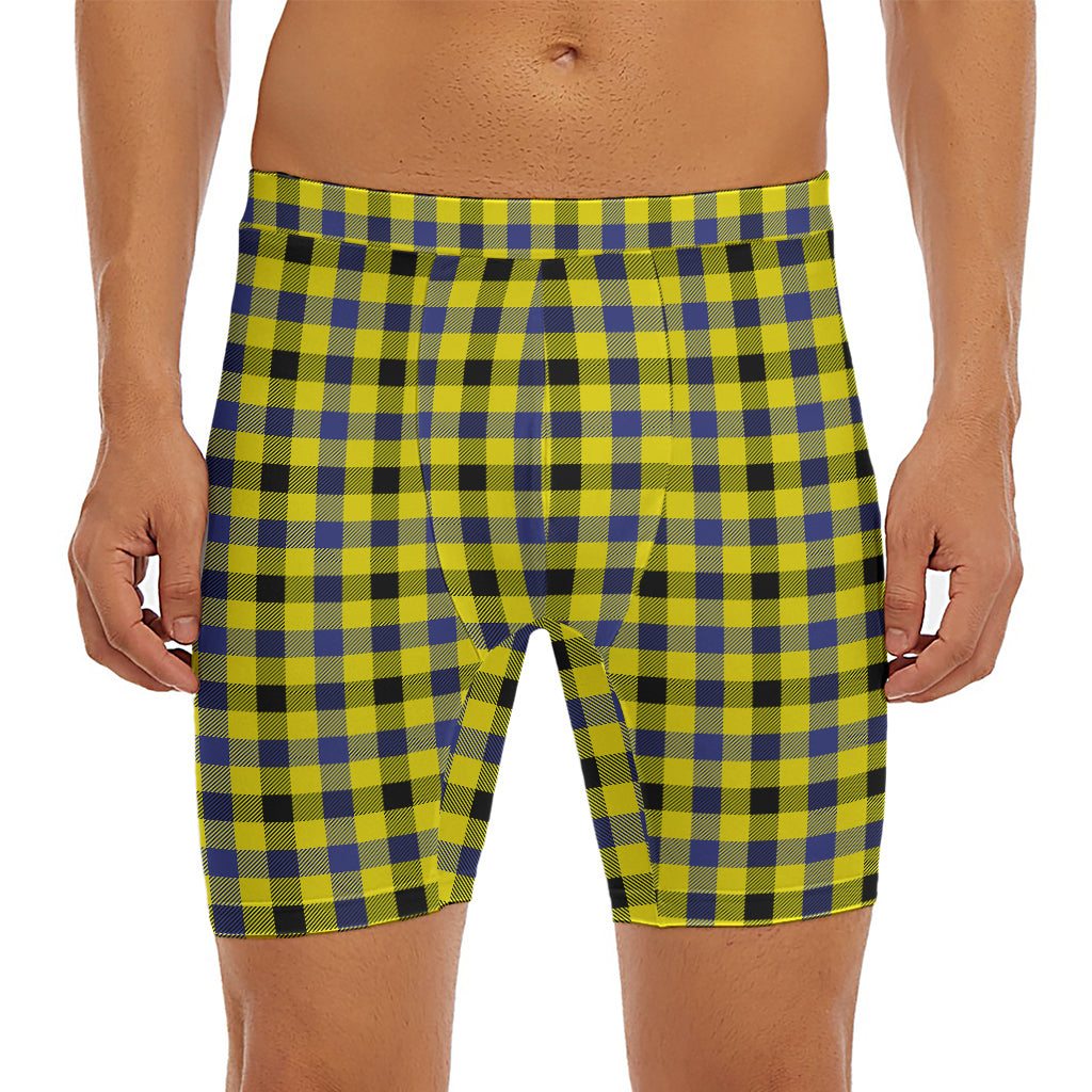 Yellow Black And Navy Plaid Print Men's Long Boxer Briefs