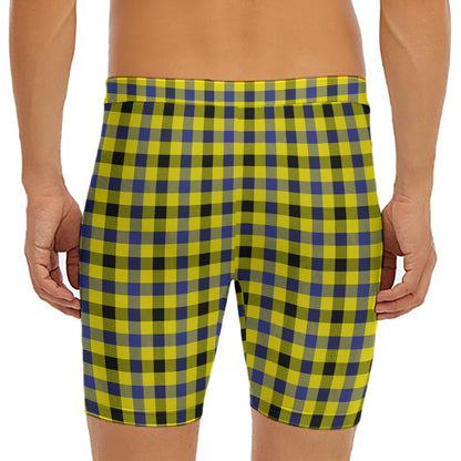 Yellow Black And Navy Plaid Print Men's Long Boxer Briefs