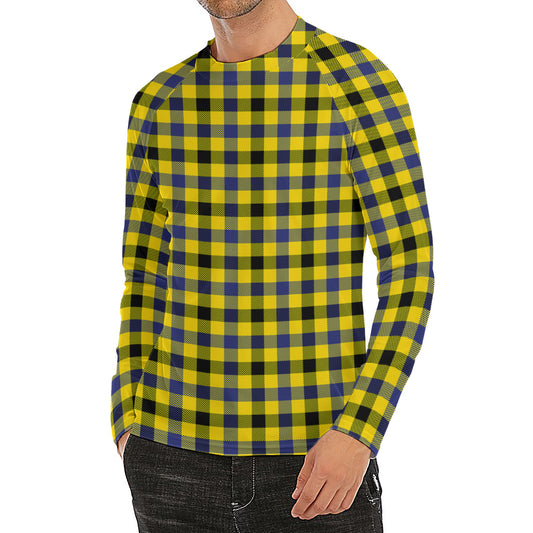 Yellow Black And Navy Plaid Print Men's Long Sleeve Rash Guard