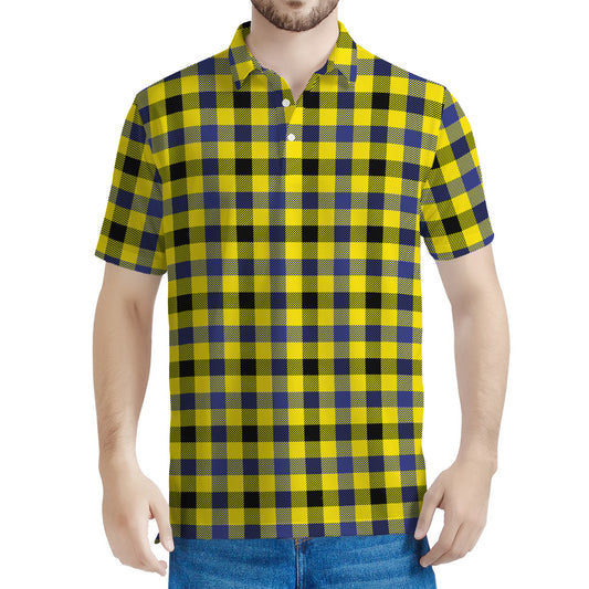 Yellow Black And Navy Plaid Print Men's Polo Shirt