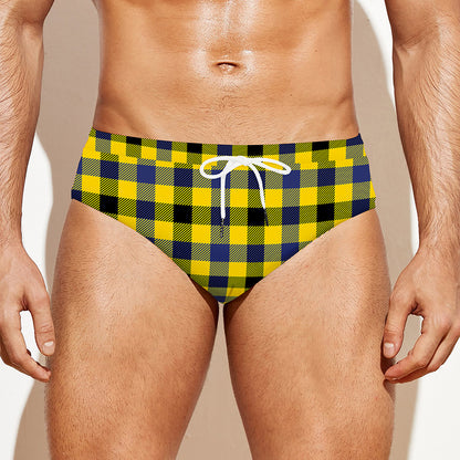Yellow Black And Navy Plaid Print Men's Swim Briefs