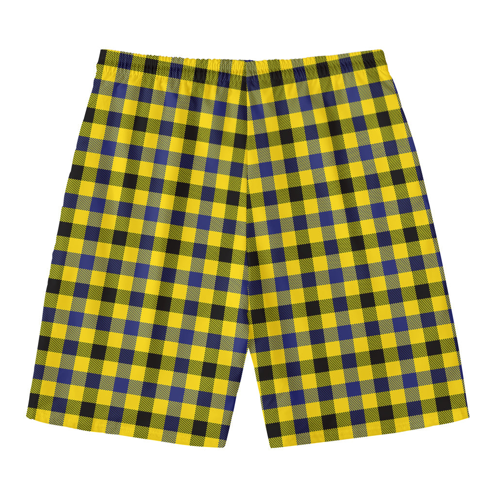Yellow Black And Navy Plaid Print Men's Swim Trunks