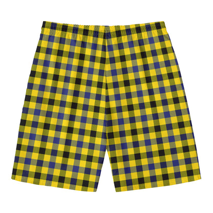 Yellow Black And Navy Plaid Print Men's Swim Trunks