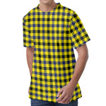 Yellow Black And Navy Plaid Print Men's Velvet T-Shirt