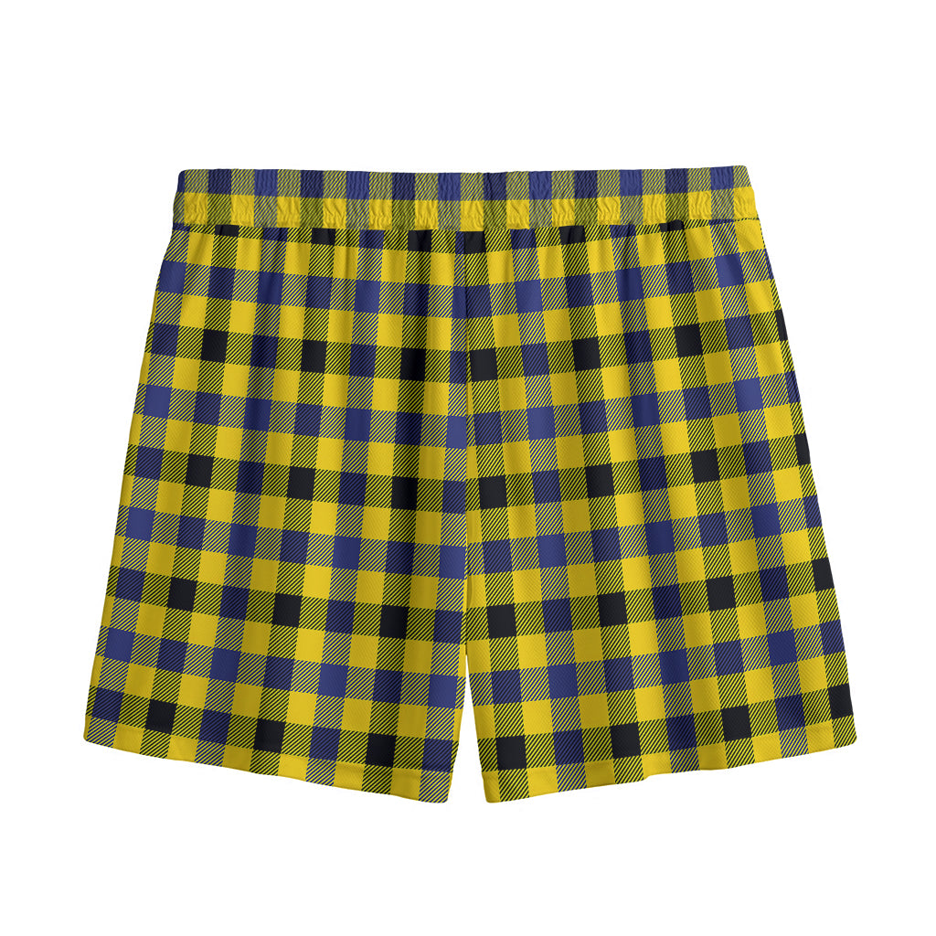 Yellow Black And Navy Plaid Print Mesh Shorts