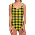 Yellow Black And Navy Plaid Print One Piece Swimsuit