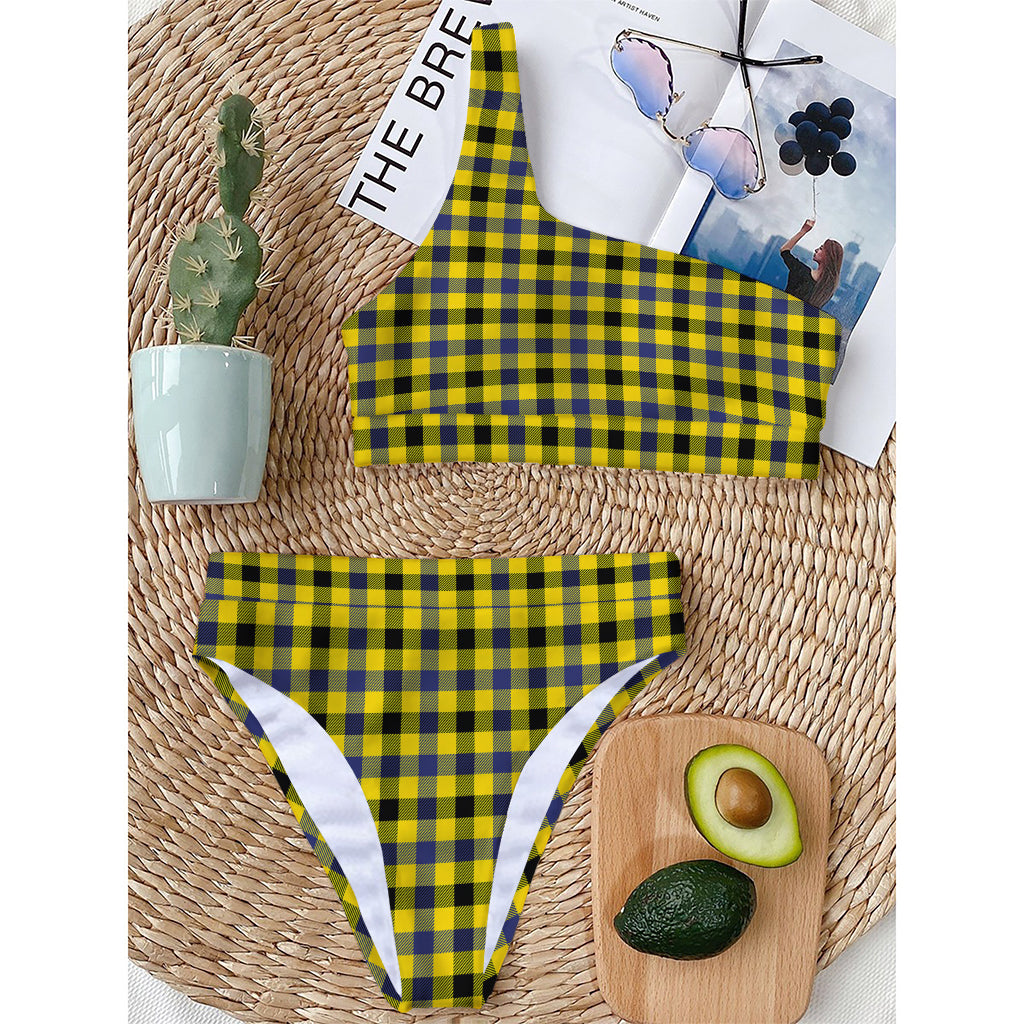 Yellow Black And Navy Plaid Print One Shoulder Bikini Top