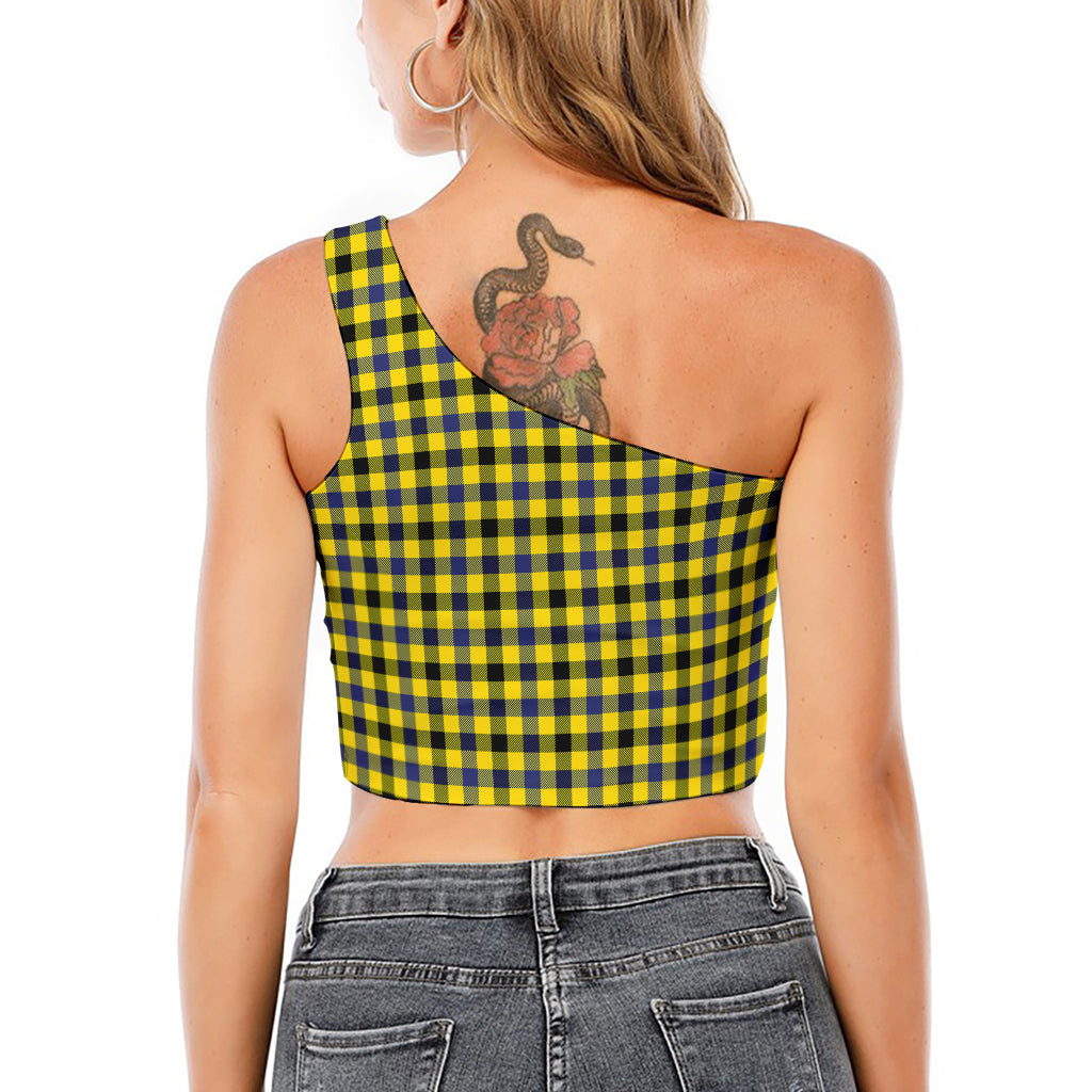 Yellow Black And Navy Plaid Print One Shoulder Crop Top