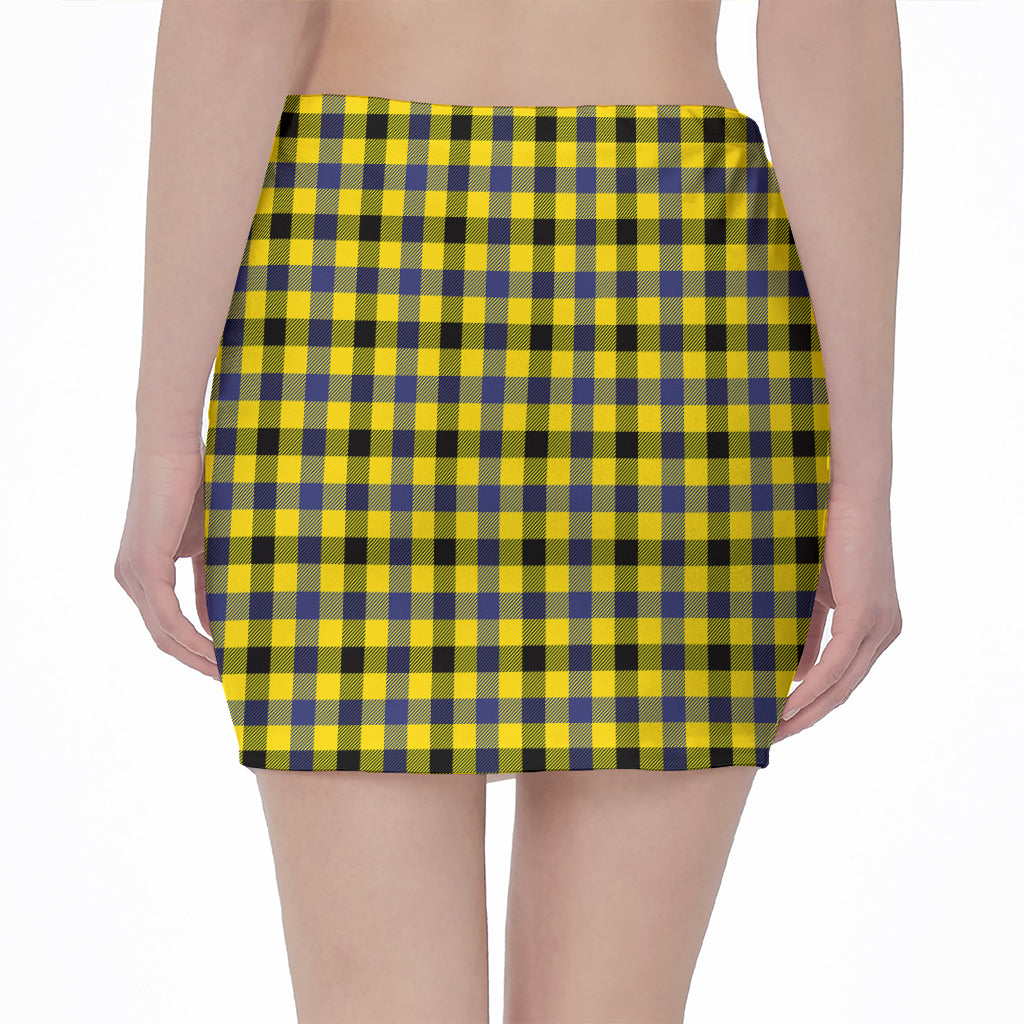 Yellow Black And Navy Plaid Print Pencil Mini Skirt