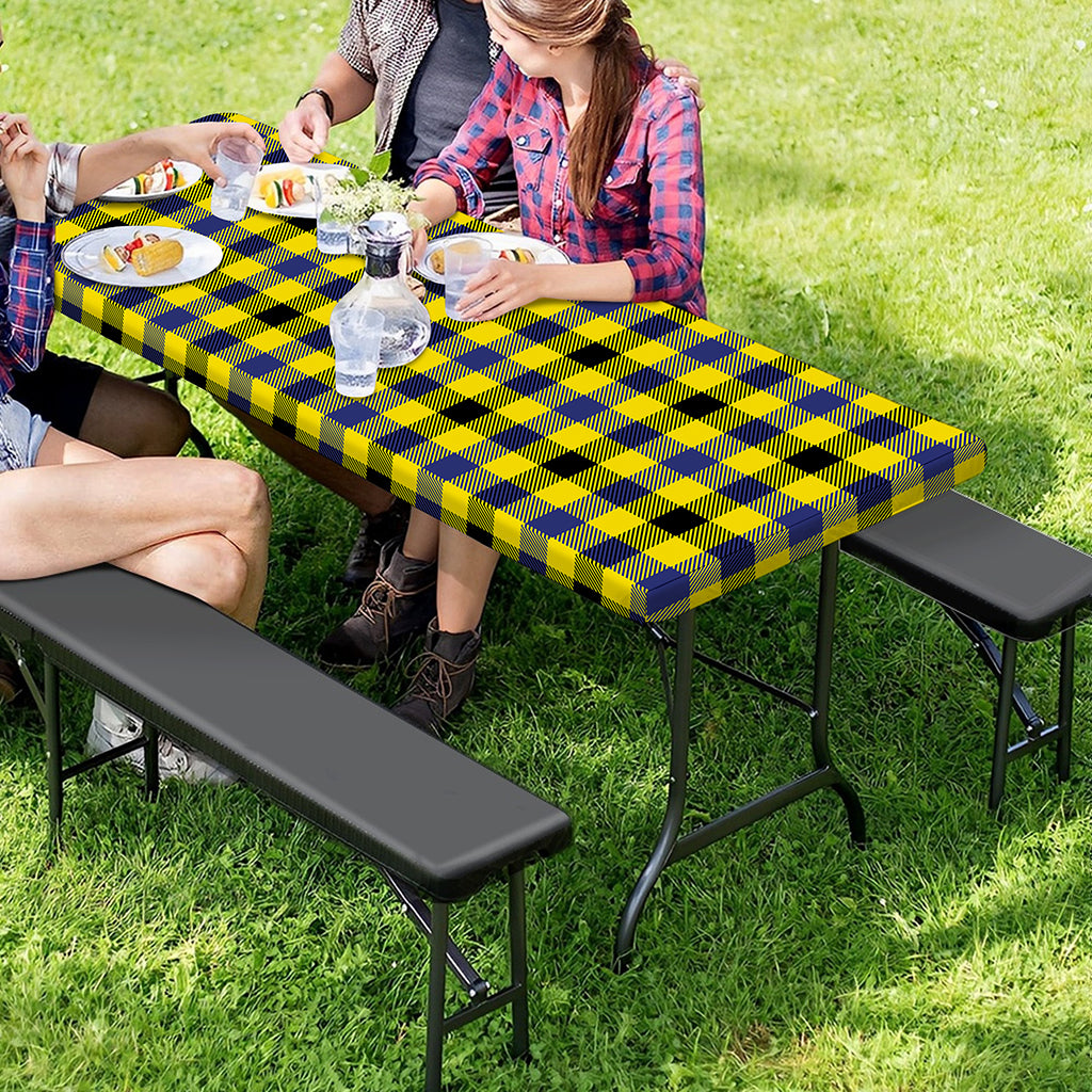 Yellow Black And Navy Plaid Print Picnic Table Cover