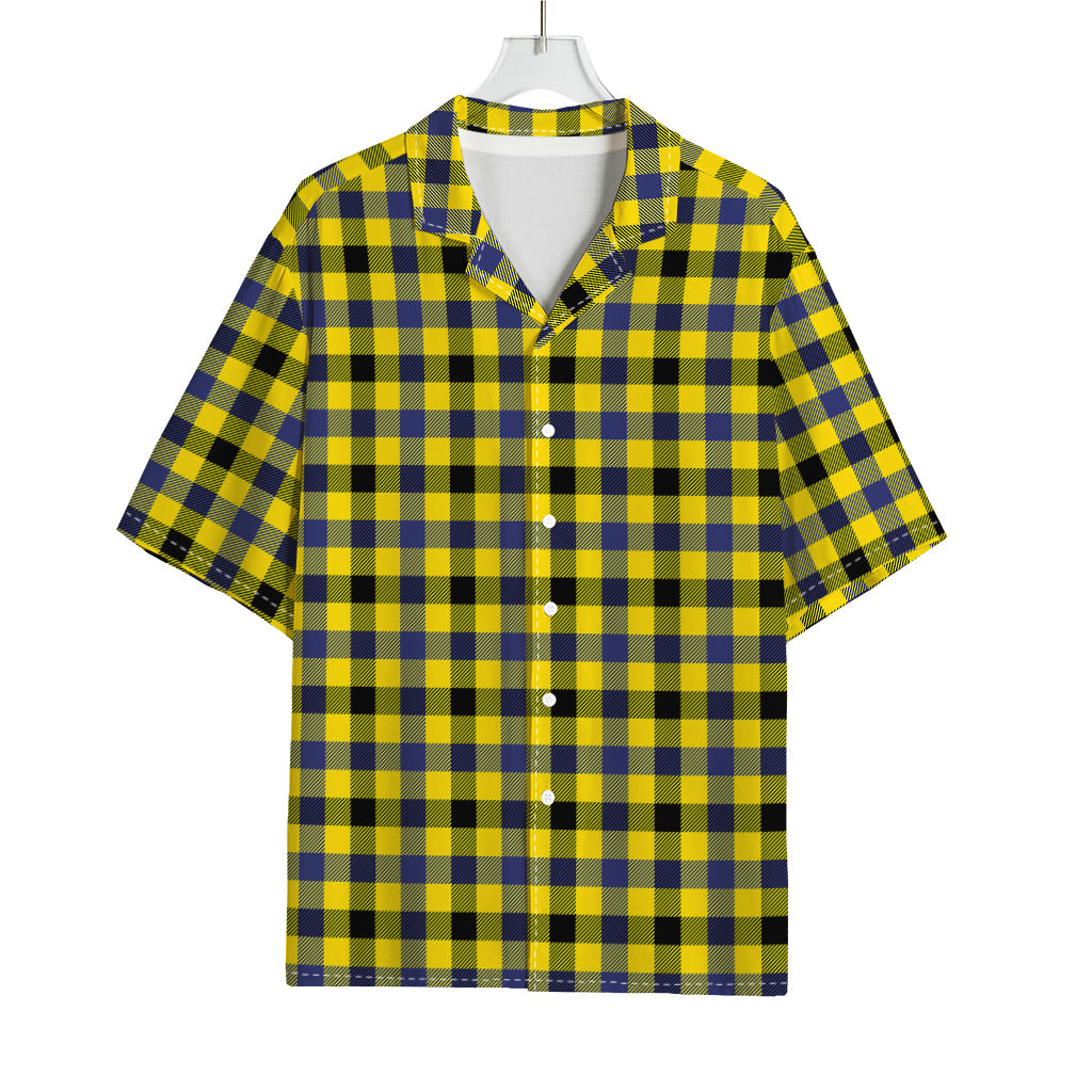 Yellow Black And Navy Plaid Print Rayon Hawaiian Shirt