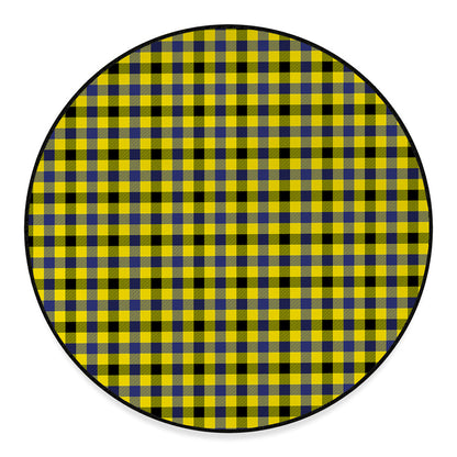 Yellow Black And Navy Plaid Print Round Floor Mat