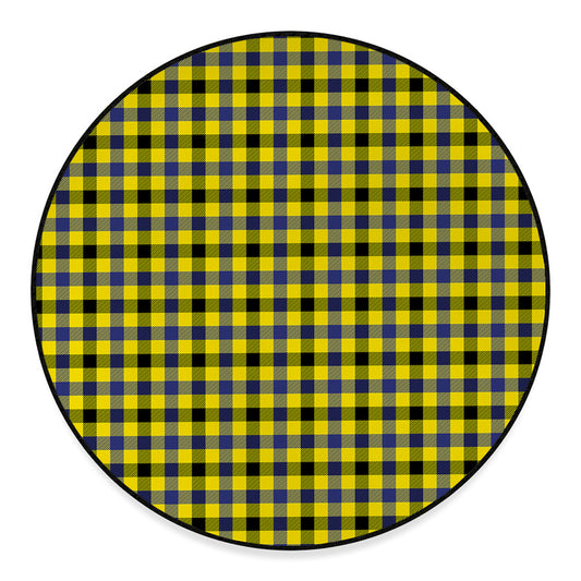 Yellow Black And Navy Plaid Print Round Floor Mat