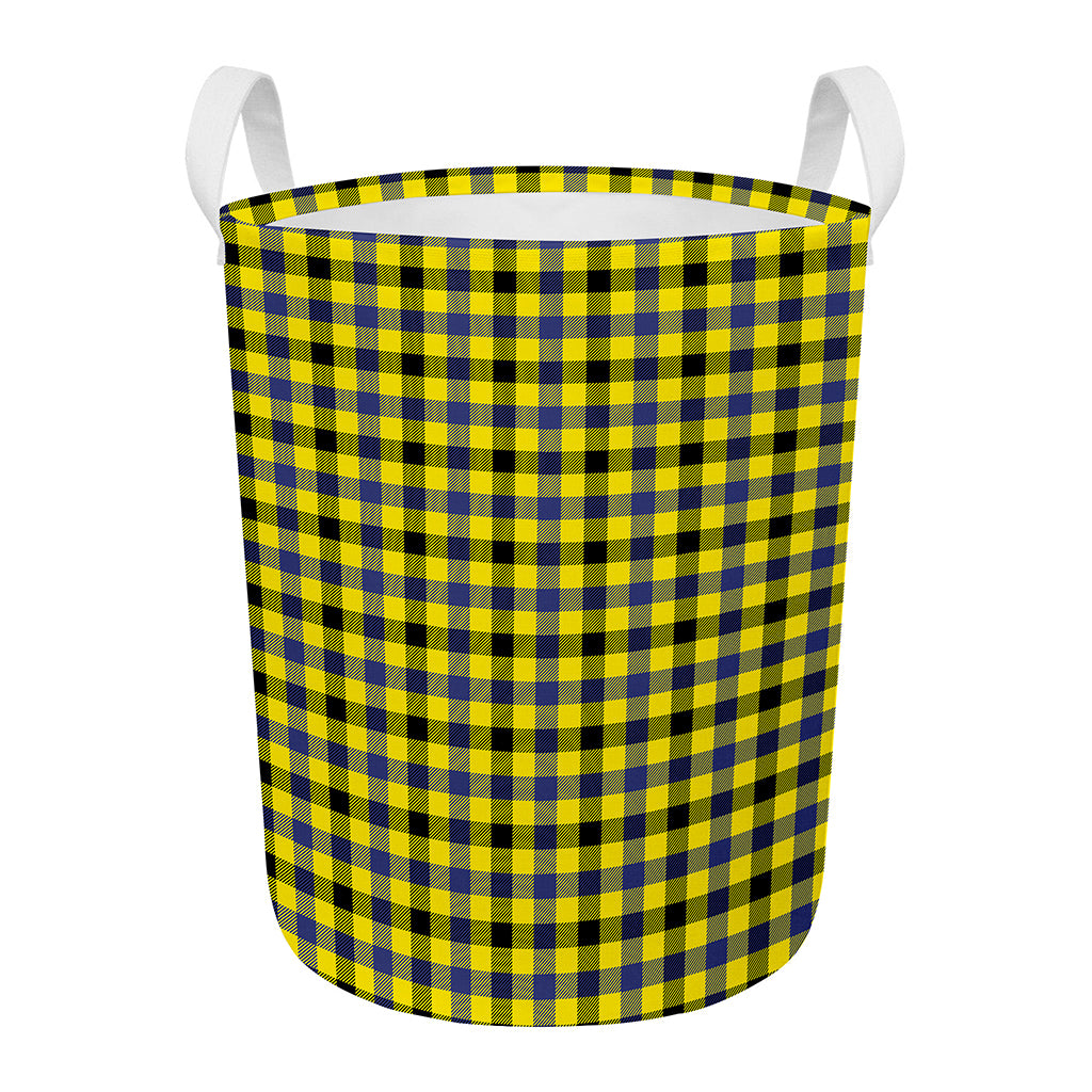 Yellow Black And Navy Plaid Print Round Laundry Basket