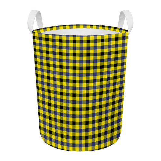 Yellow Black And Navy Plaid Print Round Laundry Basket