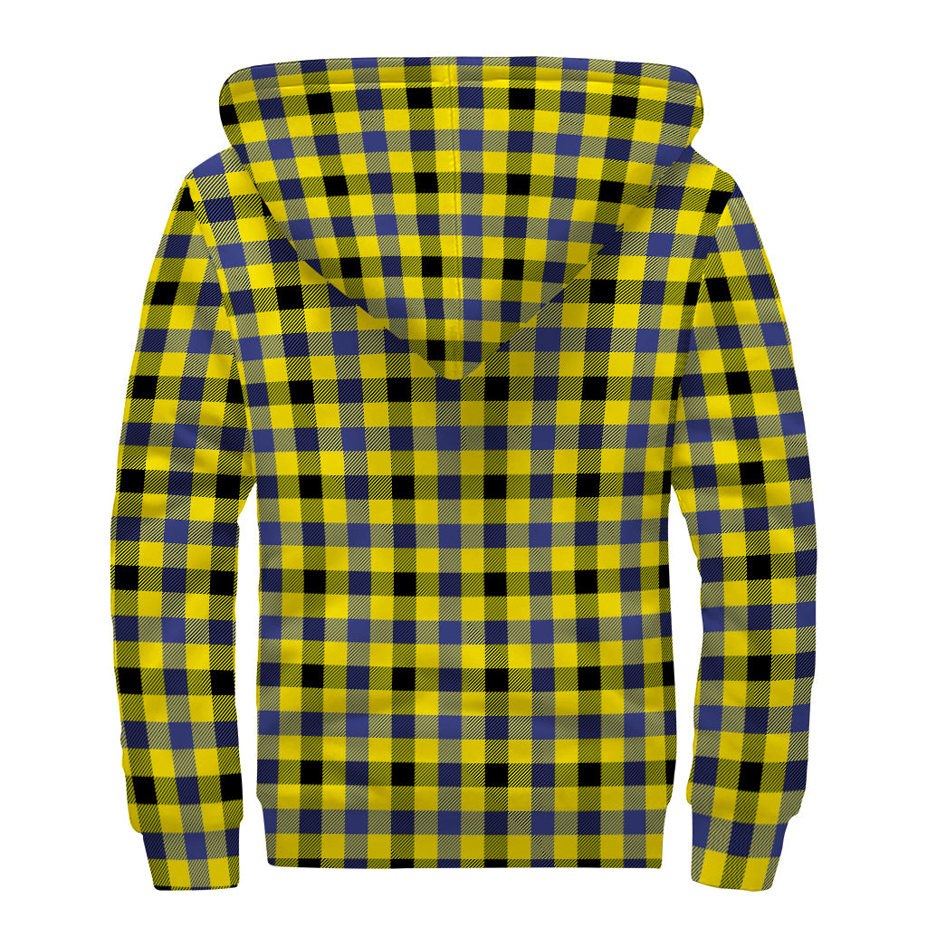 Yellow Black And Navy Plaid Print Sherpa Lined Zip Up Hoodie