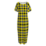 Yellow Black And Navy Plaid Print Short Sleeve Long Nightdress