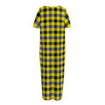 Yellow Black And Navy Plaid Print Short Sleeve Long Nightdress