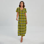 Yellow Black And Navy Plaid Print Short Sleeve Maxi Dress