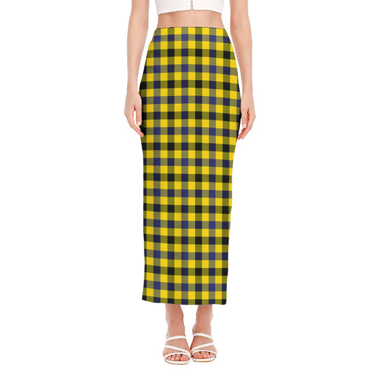 Yellow Black And Navy Plaid Print Side Slit Maxi Skirt