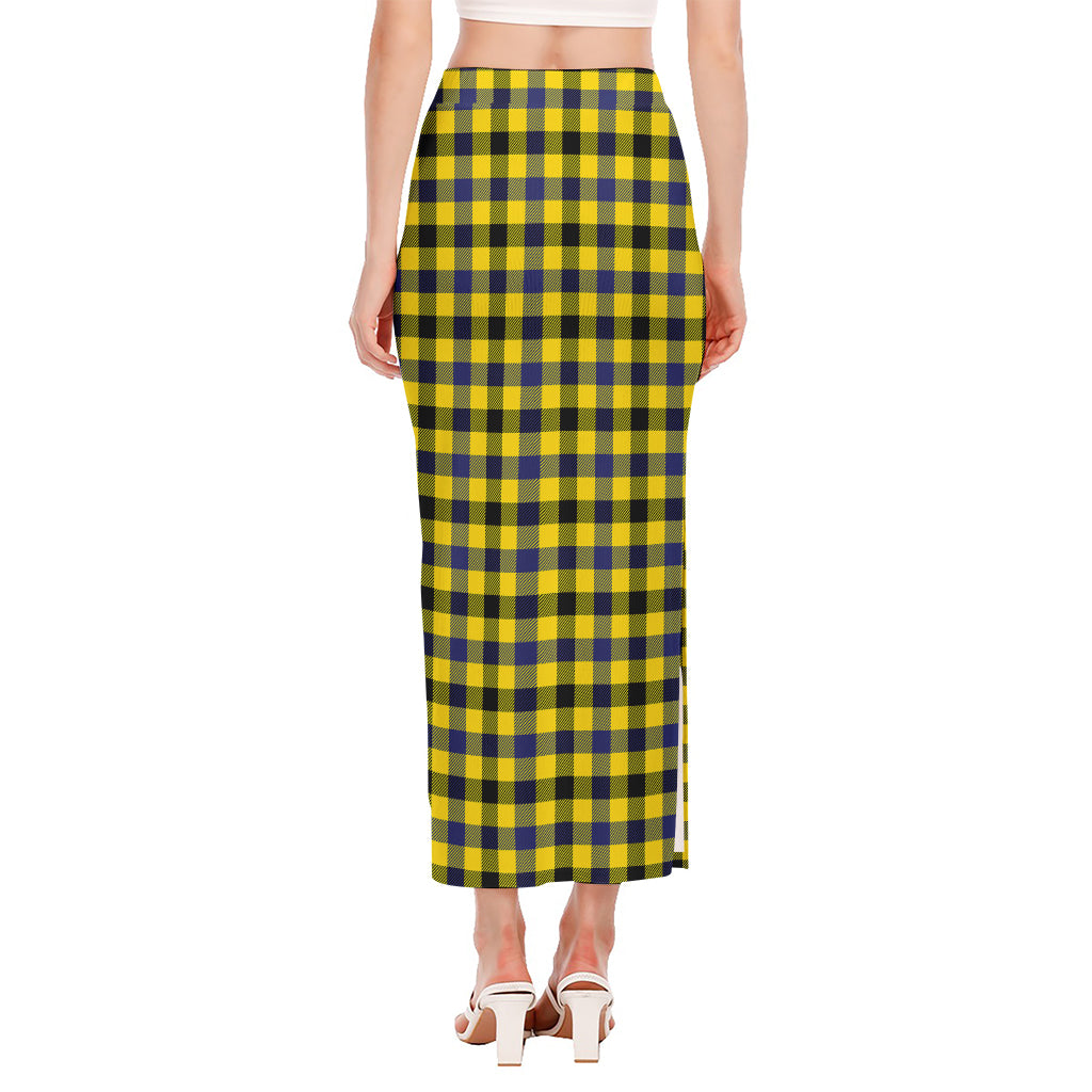 Yellow Black And Navy Plaid Print Side Slit Maxi Skirt