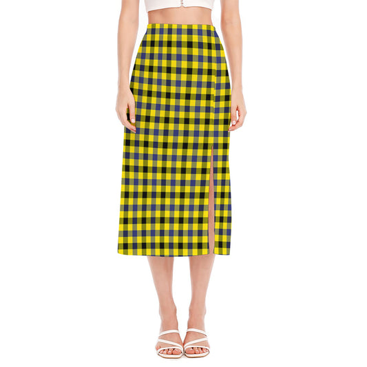 Yellow Black And Navy Plaid Print Side Slit Midi Skirt