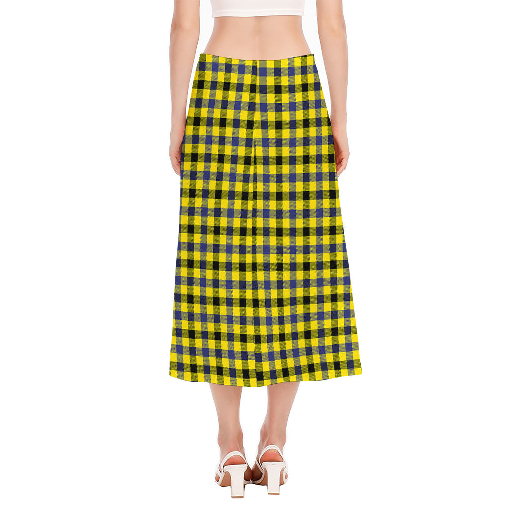 Yellow Black And Navy Plaid Print Side Slit Midi Skirt