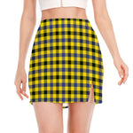 Yellow Black And Navy Plaid Print Side Slit Mini Skirt