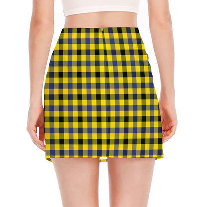 Yellow Black And Navy Plaid Print Side Slit Mini Skirt