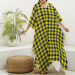 Yellow Black And Navy Plaid Print Silk V-Neck Kaftan Dress