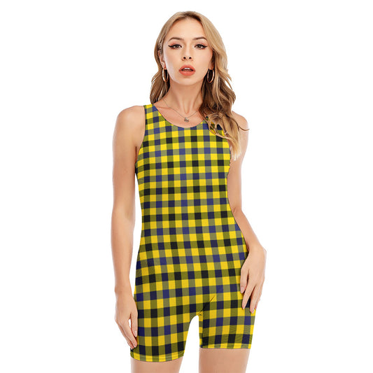 Yellow Black And Navy Plaid Print Sleeveless One Piece Swimsuit