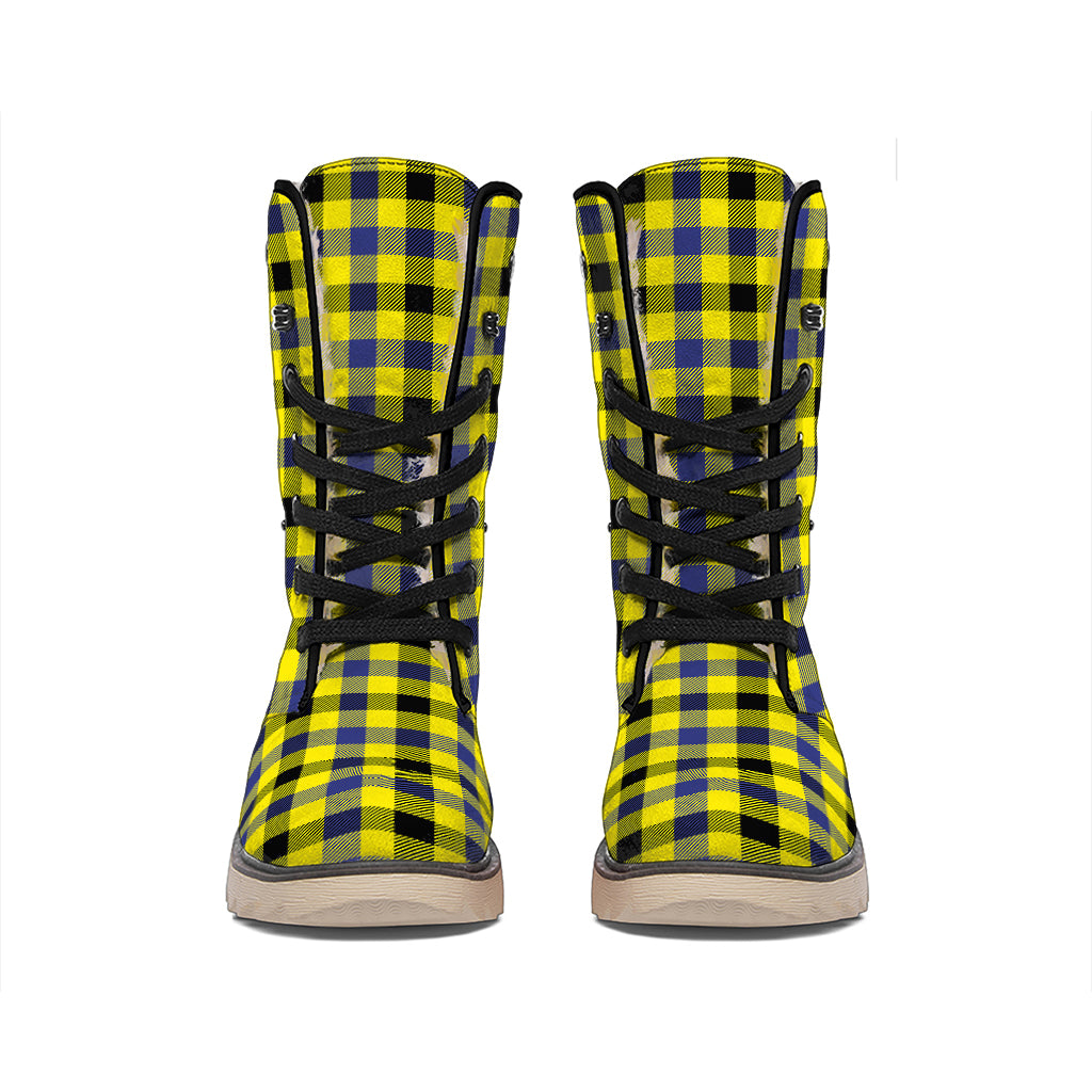 Yellow Black And Navy Plaid Print Winter Boots