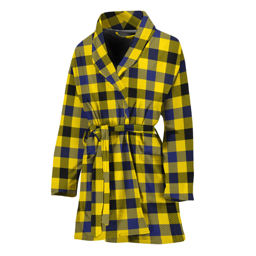 Yellow Black And Navy Plaid Print Women's Bathrobe